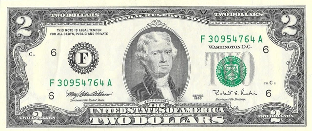 Us $2 Series 1995 F (Atlanta) Serial A Two Dollars In Great Condition