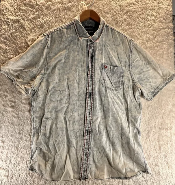 Men’s True Religion Adult Sz L Acid Wash Shirt Button-Up Slim Fit Short Sleeve