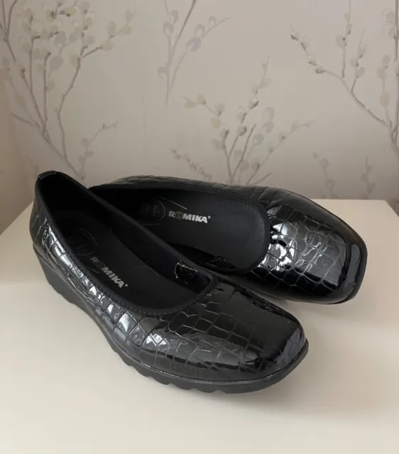 Romika Airped Plus Black Patent Leather Low Wedge Shoes - Size UK 9 H - EU 43