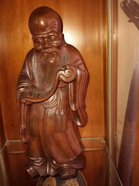 Chinese God Of Longevity Shouxing Shou Lao Vintage Hand Carved Wooden Statue