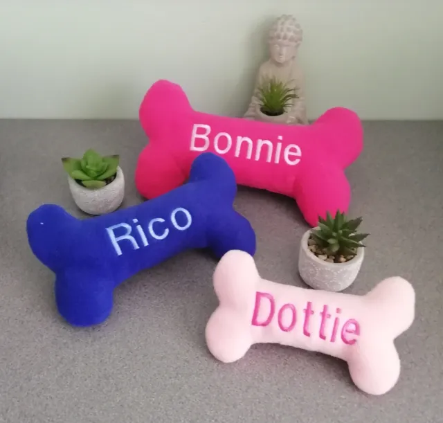 Personalised Embroidered Squeaky Dog or Puppy Bone Toy in choice of sizes.