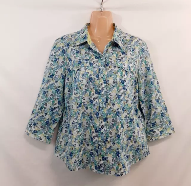 Karen Scott Top Button Up Shirt Women Size l Blue Floral Collared Cotton 3/4 S