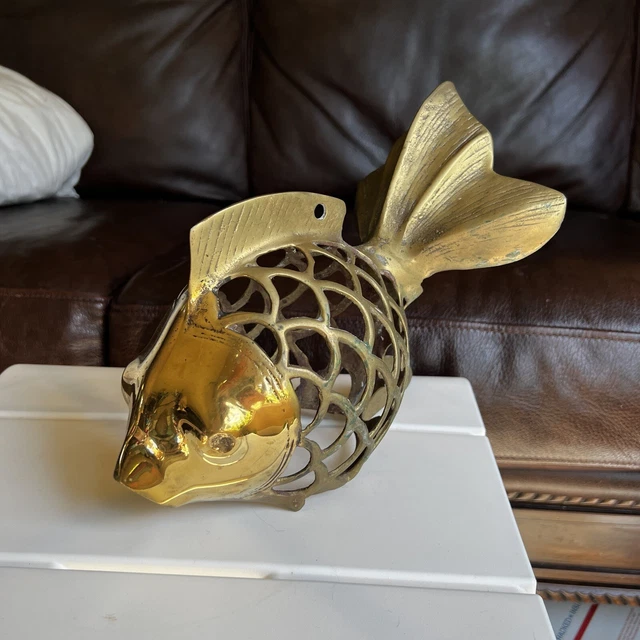 VINTAGE BRASS KOI 9” Heavy Fish Lantern Patina Asian Decor Candle
