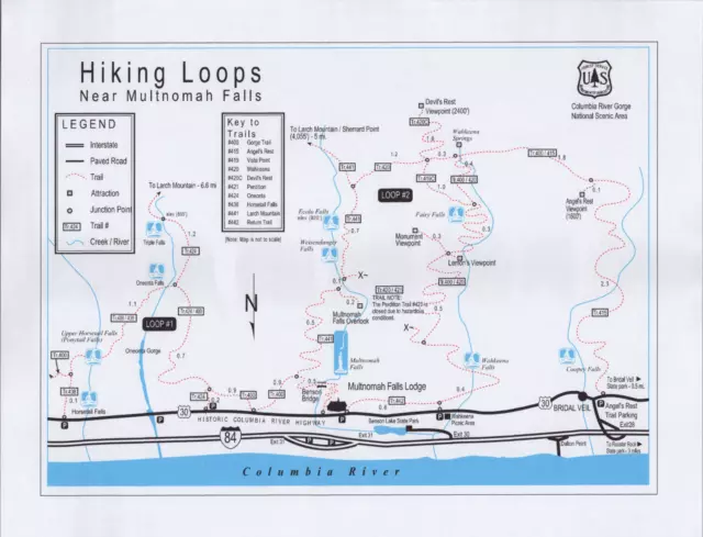 COLUMBIA RIVER GORGE Hiking Loops Map Multnomah Falls Vintage Postcard ...