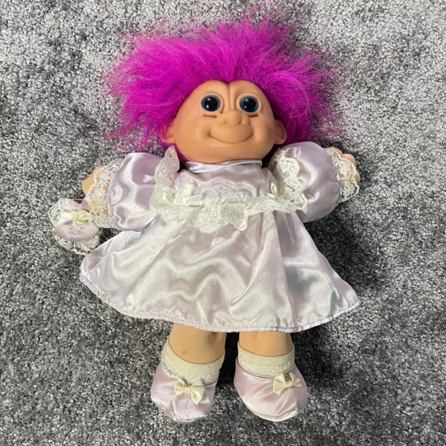 Vintage Troll Doll Soft Plush Body Bright Purple Hair Purple Satin Dress