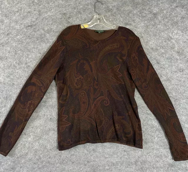 Lauren Ralph Lauren Silk Cashmere Sweater Women's XL Brown Paisley