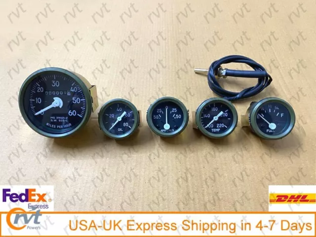 Willys MB Jeep Ford GPW Gauges Kit - Speedometer Temp-Oil Fuel Ampere Green