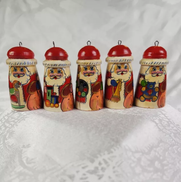 Hand Painted Wood Santa Ornaments Set of 5 Vintage Christmas Decorations