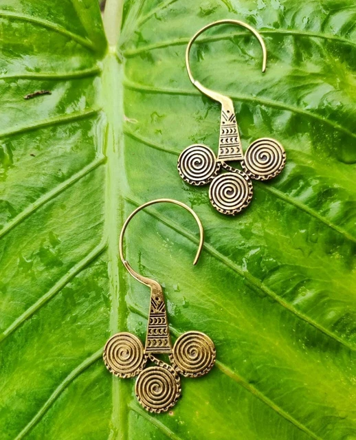 Large Gold Plated Mandala Vintage Tribal Brass Hoops Spiral Earrings