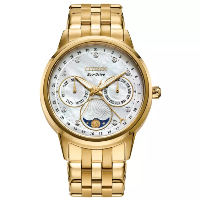 Citizen Eco-Drive Women's Calendrier Gold Moon Phase Date Watch 37MM FD0002-57D