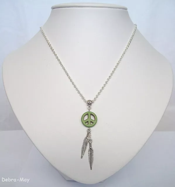 Green Peace Symbol Dreamcatcher Feathers Pendant 18" Chain Necklace in Gift Bag