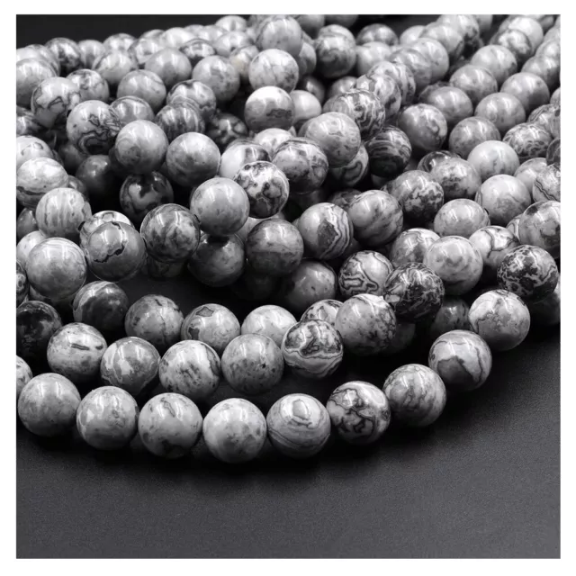 Real Genuine Grey Map Jasper Gemstone Round Smooth Beads Strand 15.5"