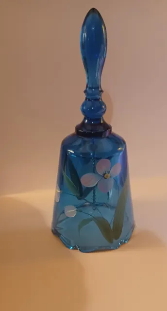 Fenton Cobalt Blue Glass Bell With Handpainted Flowers Signed By Artist Collecta