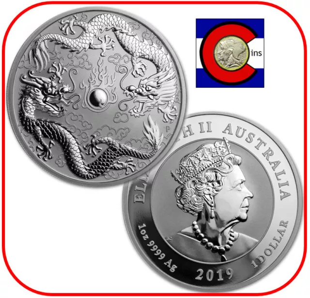 2019 Australia Double Dragon 1 oz Silver BU Coin - Chinese Myths & Legends