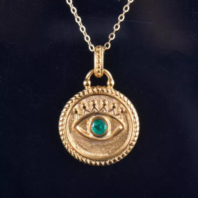 Natural Green Emerald Evil Eye Lucky Women Pendant Gift Solid 14K Yellow Gold