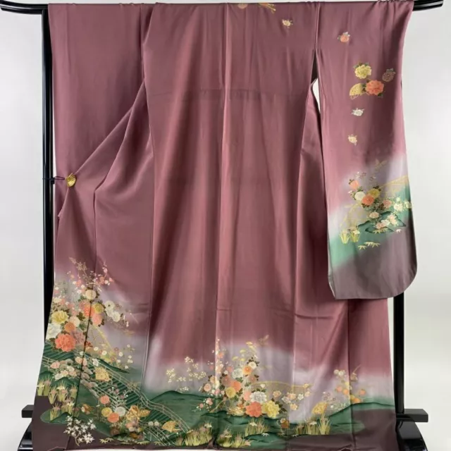 67.7inc Japanese Kimono SILK FURISODE Flowers Bridge Red-purple