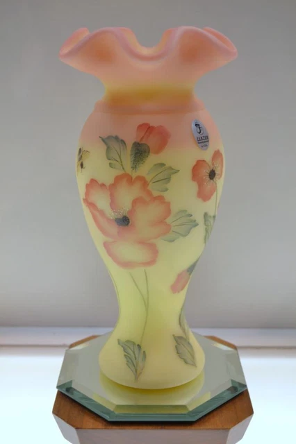 FENTON VASE Y Burmese BUMBLE BEE POPPIES  #d 191/2500 6853QR NIB FREEusaSHIP