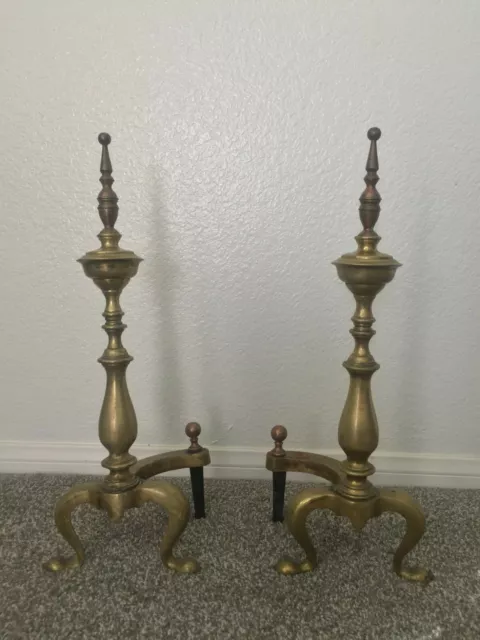 Pair Vintage Antique Turned Baluster Brass Fireplace Andirons Fire Dogs 21"