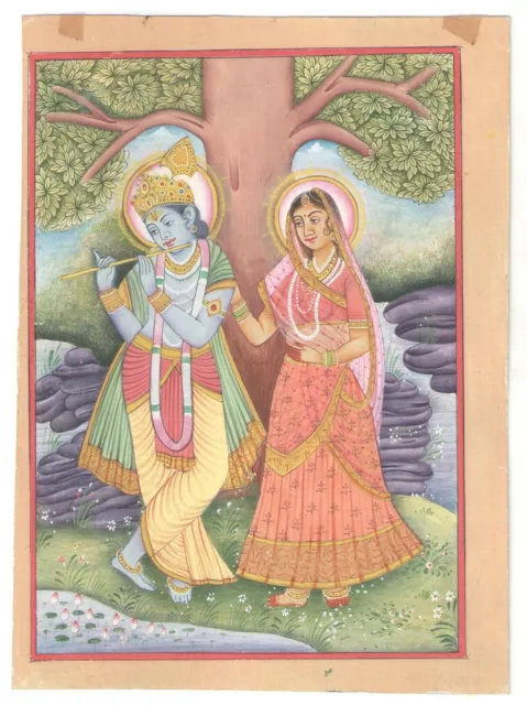 Indian Radha Krishna Painting Water Color Miniature Wall Decor Hand Painted Art