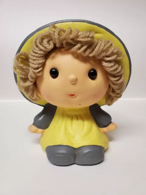 Vintage UCGC Taiwan Ceramic Coin Bank Doll Little Girl Yellow Dress Yarn Hair