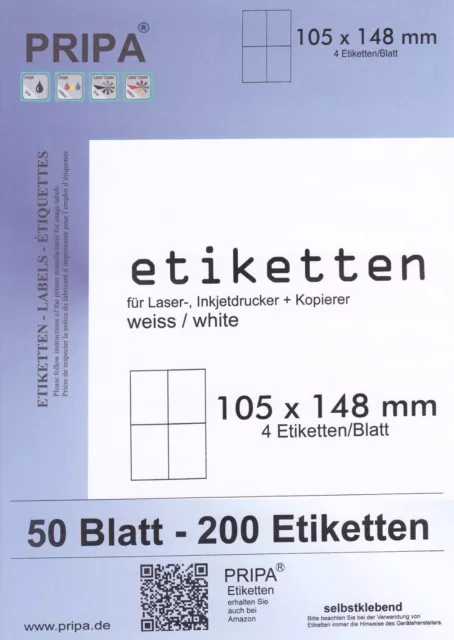 200 Etiketten 105x148mm = 4 Etiketten pro Blatt/A4    made in germany PRIPA 6120