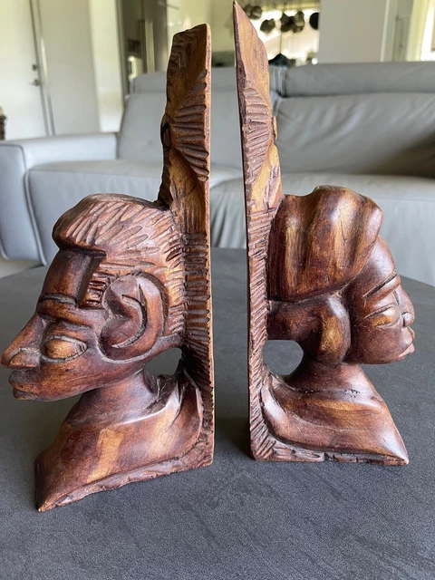 Vintage Pair of Hand Carved Tribal African Wood Bookends, Sculptures, Statues