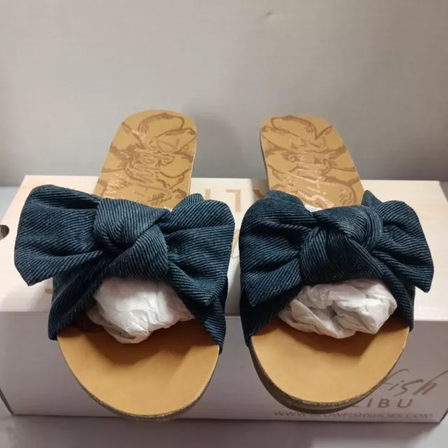 Blowfish Malibu Open Toe Blue Denim Bow Sandals Slides Women's Size 7