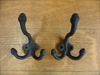 2 BROWN ANTIQUE-STYLE TRIPLE THREE COAT HOOK 3.5" CAST IRON rustic wall hat key