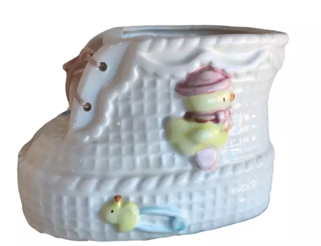 White Ceramic Baby Shoe Plantar Container Centerpiece Duck Safety Pin  5"L x 3"W