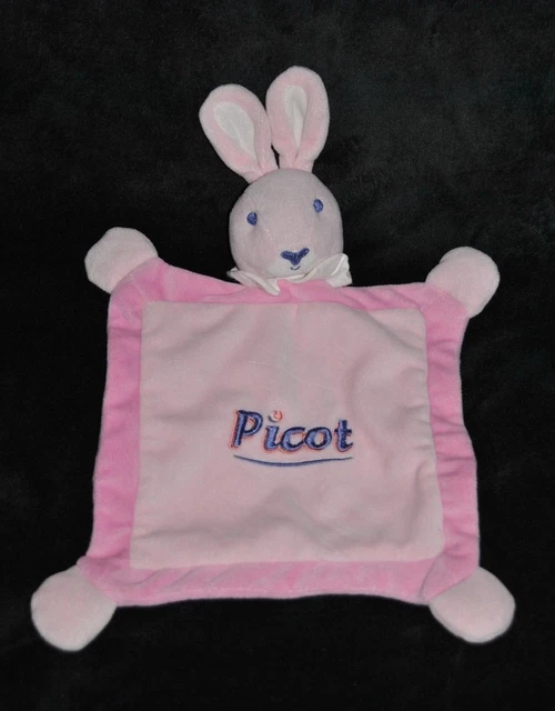 Peluche doudou lapin plat rose brodé PICOT carré col blanc 4 noeuds TTBE