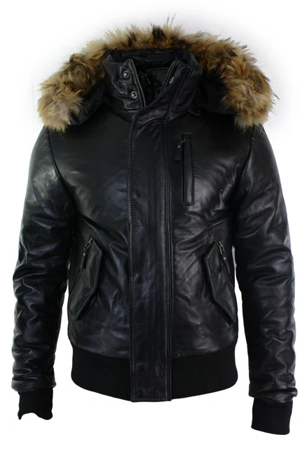 Mens Real Fur Hood Bomber Leather Jacket Black Puffer Padded