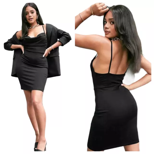 ASOS Design Black Cami Mini Dress Bodycon Clubwear Cowl Neck Womens 14 NEW