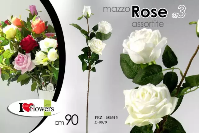 Mazzo Rose A 3 Fiori Finti 90 Cm Mazzolino Fiore Fascio Rosa Artificiale Stelo