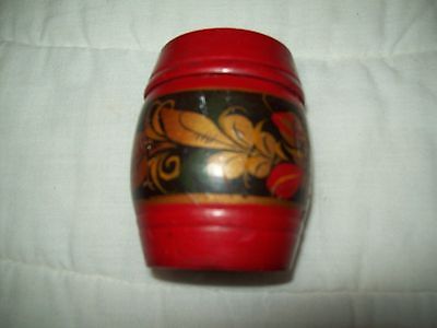 Vintage~Russian Painted Lacquer Wood~Trinket Jar Box BARREL SHAPE w/h Lid