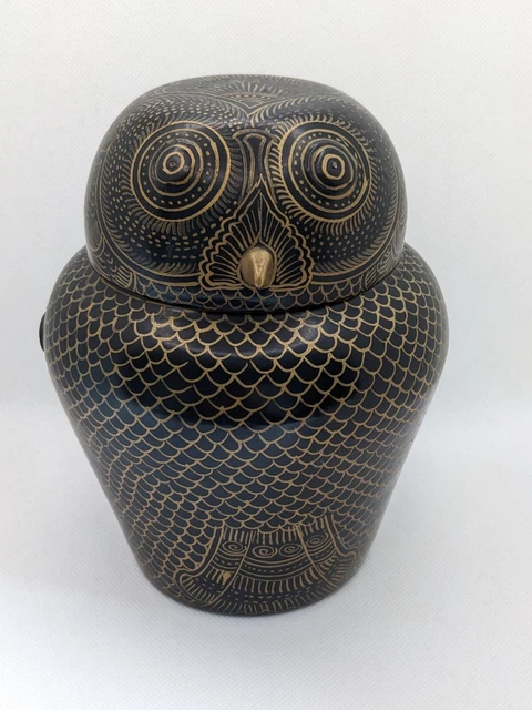Vintage Burmese Owl Canister Lacquer Wood Black Gold 7" Burma