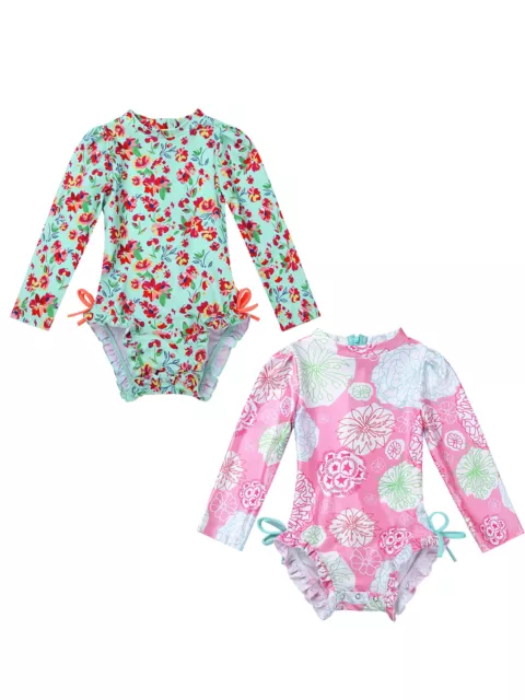 Toddler Girls One-piece Swimsuits Swimwear Long Sleeves Rash Guard Bathing Suits