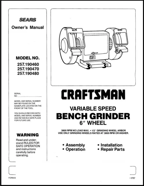 Instruction Manual Fits Craftsman 6 Inch Variable Speed Bench Grinders