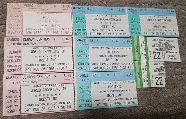 Lot of 9 Vintage WCW Wrestling Ticket Stubs House Show Nitro 1993 94 Sting Flair