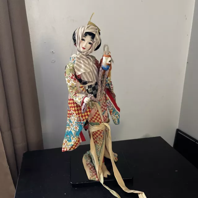 Antique Vintage 14" Fabric Body Japanese Geisha Doll with Kimono w Hobby Horse