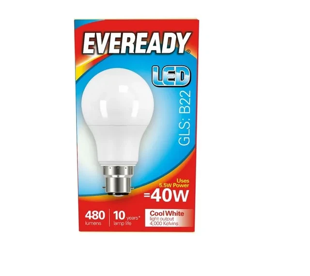2/6/12 x Eveready LED GLS B22 BC Bulbs | 470 Lumens 4.9W 4,000K | Cool White
