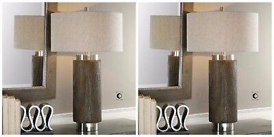 Pair Modern Decor 33" Driftwood Finish Table Lamp Brushed Nickel Metal Uttermost