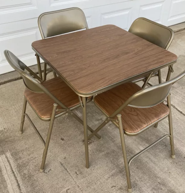 VTG 1979 Samsonite Woodgrain 30x30 Card Table 7718 w set of 4 Metal Chairs 3518