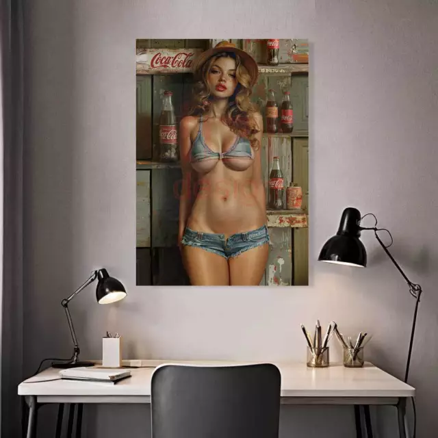 Canvas Mounted 16x24in, sexy nudes pin-up girl, over coca-cola vintage bottles 3