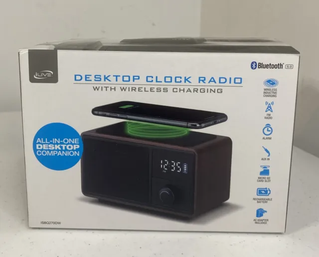 ILive Bluetooth Clock Radio with Wireless Phone Charging SD Card Alarm LCD FM