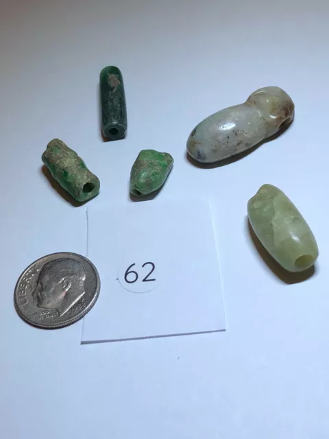 Pre Columbian Mayan Authentic Polished (5)Jade Carved Tubular Beads bundle deal