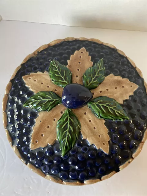 Ceramic Blueberry Pie Covered Dish 11” Majolica Pie Plate Unique