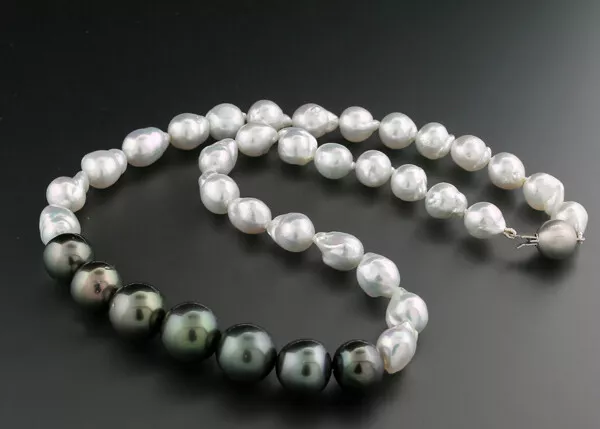 Collier de Perles Keshiperlen / des Mers Du Sud Tahiti Noir-Blanc 585er or Blanc 3
