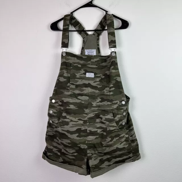 Levis Overalls Large Women's Green Camo Two Horse Brand Denim Shortalls Buttons