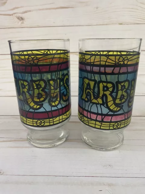 Vintage 70s Arbys Restaurant Stained Glass Drinking Tumblers 2x 3