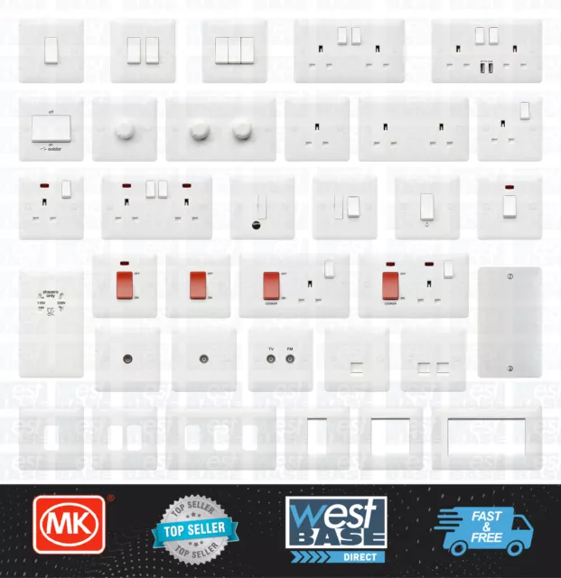 MK Base White Moulded Plastic Switches & Sockets + USB Dimmer LED Full Range